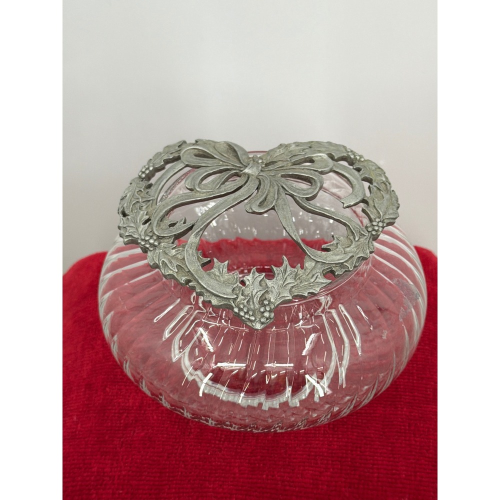 Vtg Rawcliffe Pewter Lid Glass Trinket Bowl Holly Bow Davis Brown 1989 PC2911